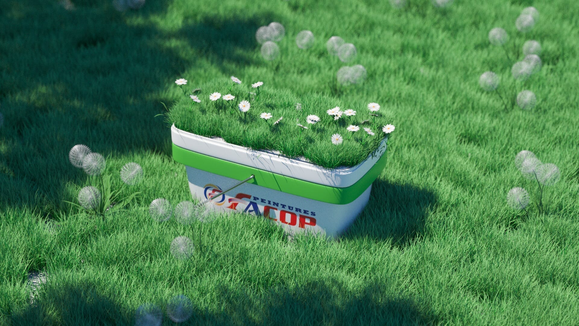 Un seau avec de l'herbe et des fleurs.