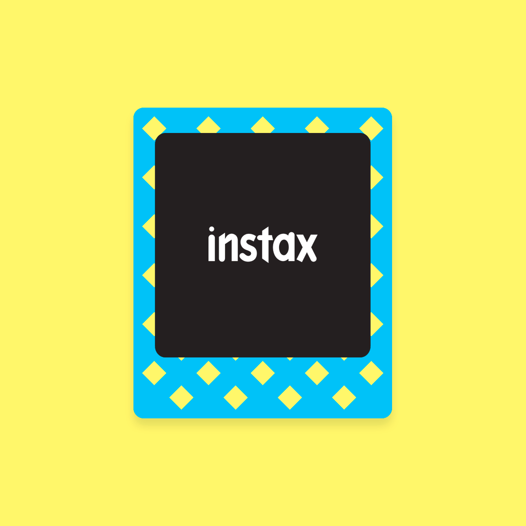 Un carré bleu et jaune avec le mot instax dessus.