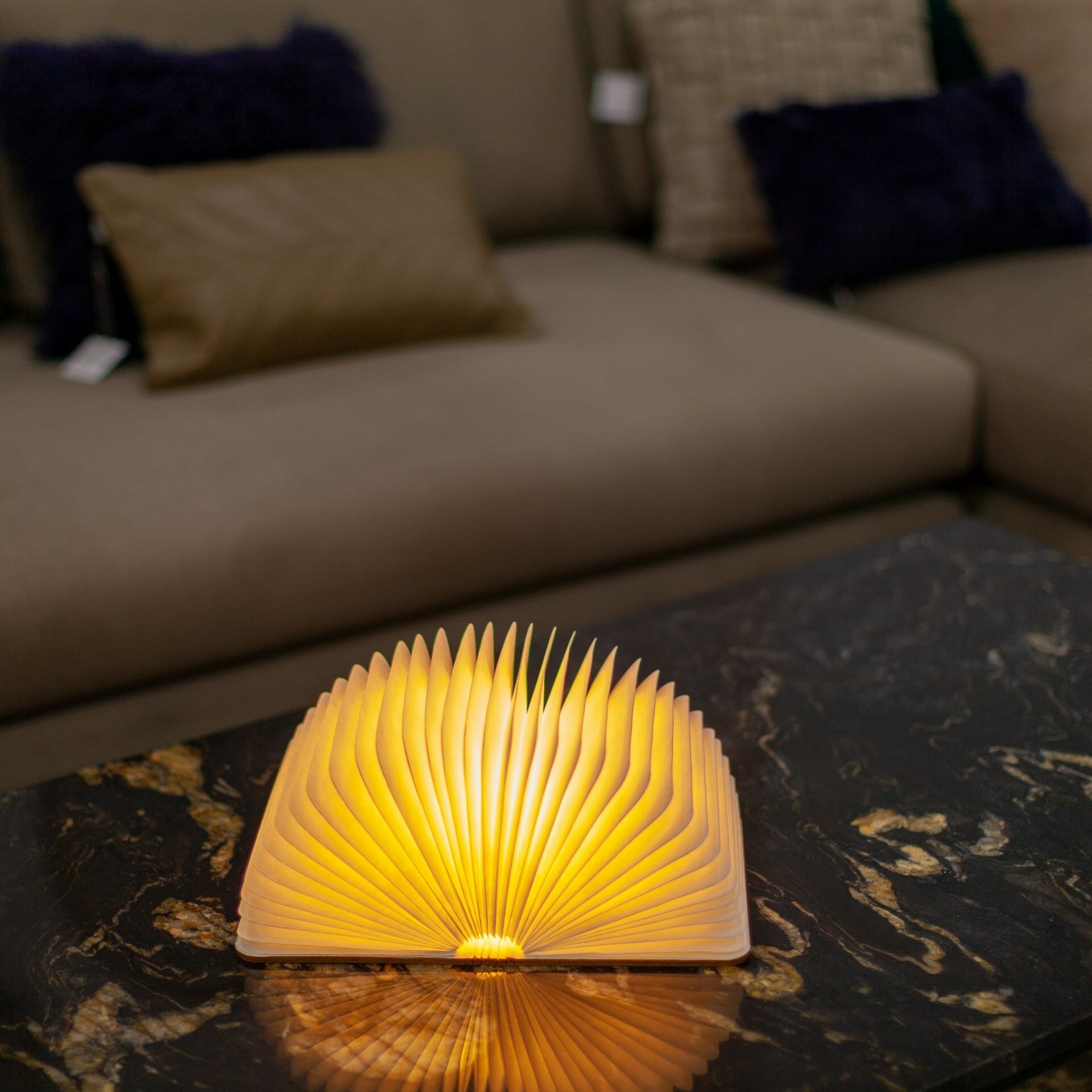 Une table basse avec une lampe dessus.