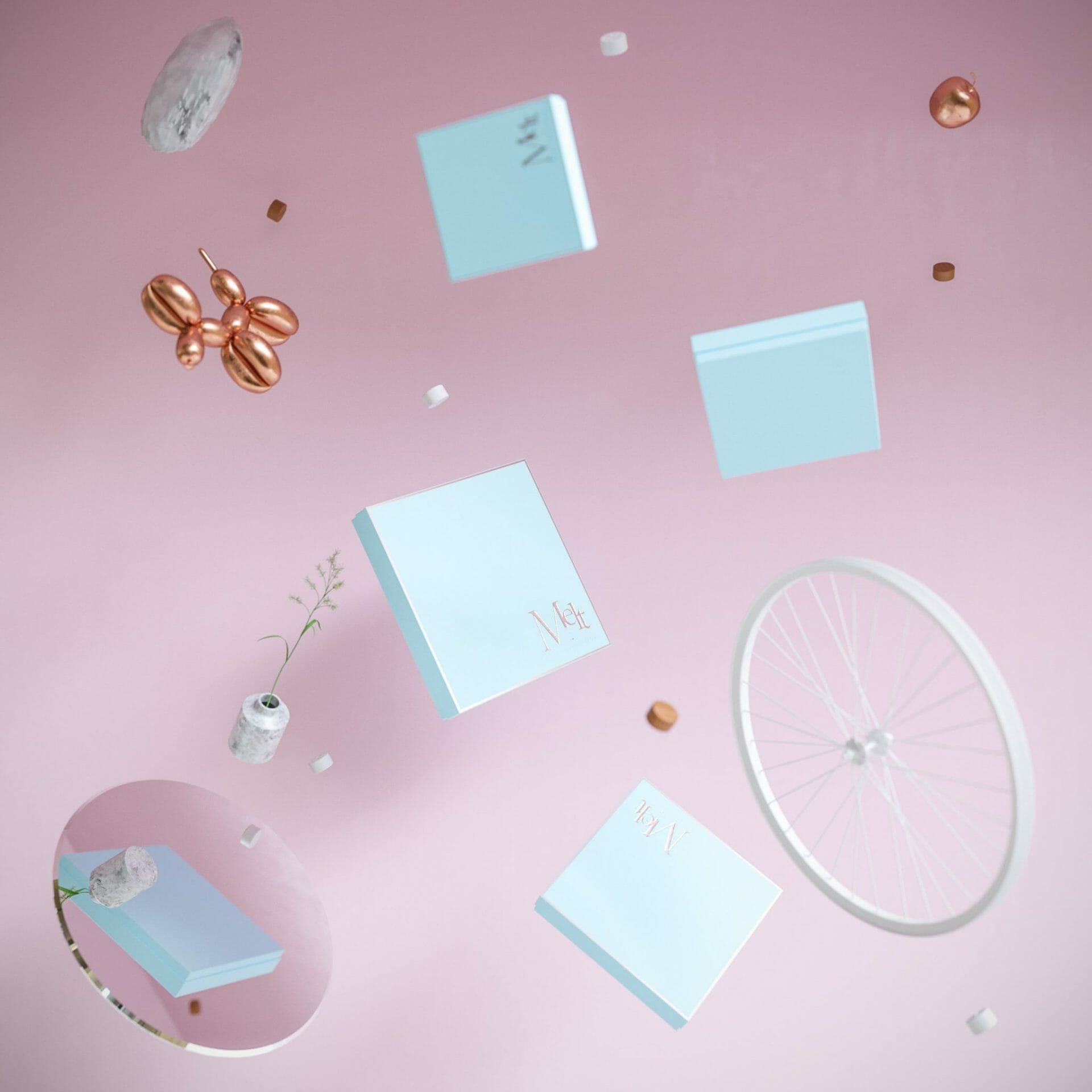 Un fond rose avec des cases bleues et blanches et un vélo.