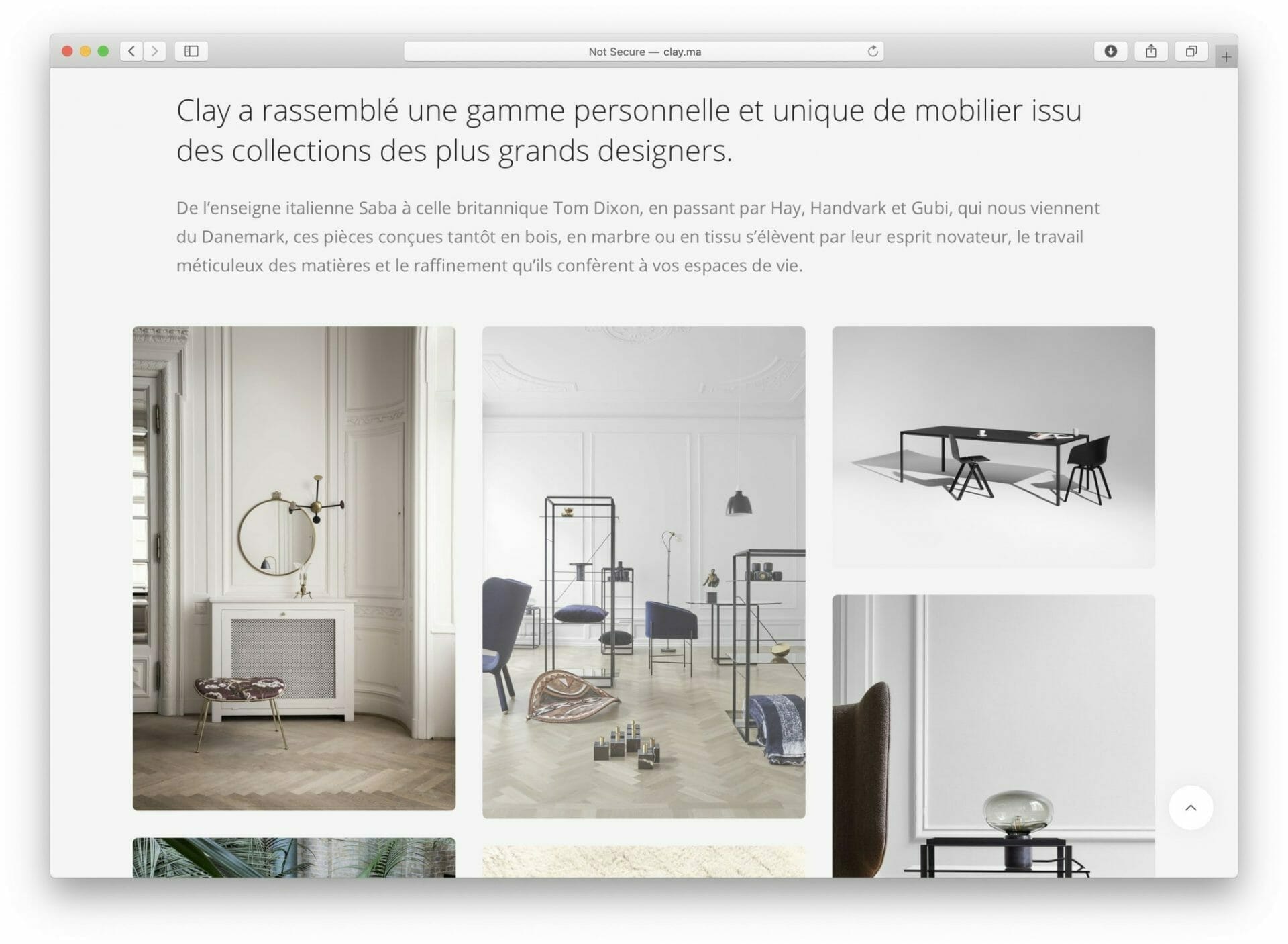 La page d'accueil d'un site Web avec des images de meubles.