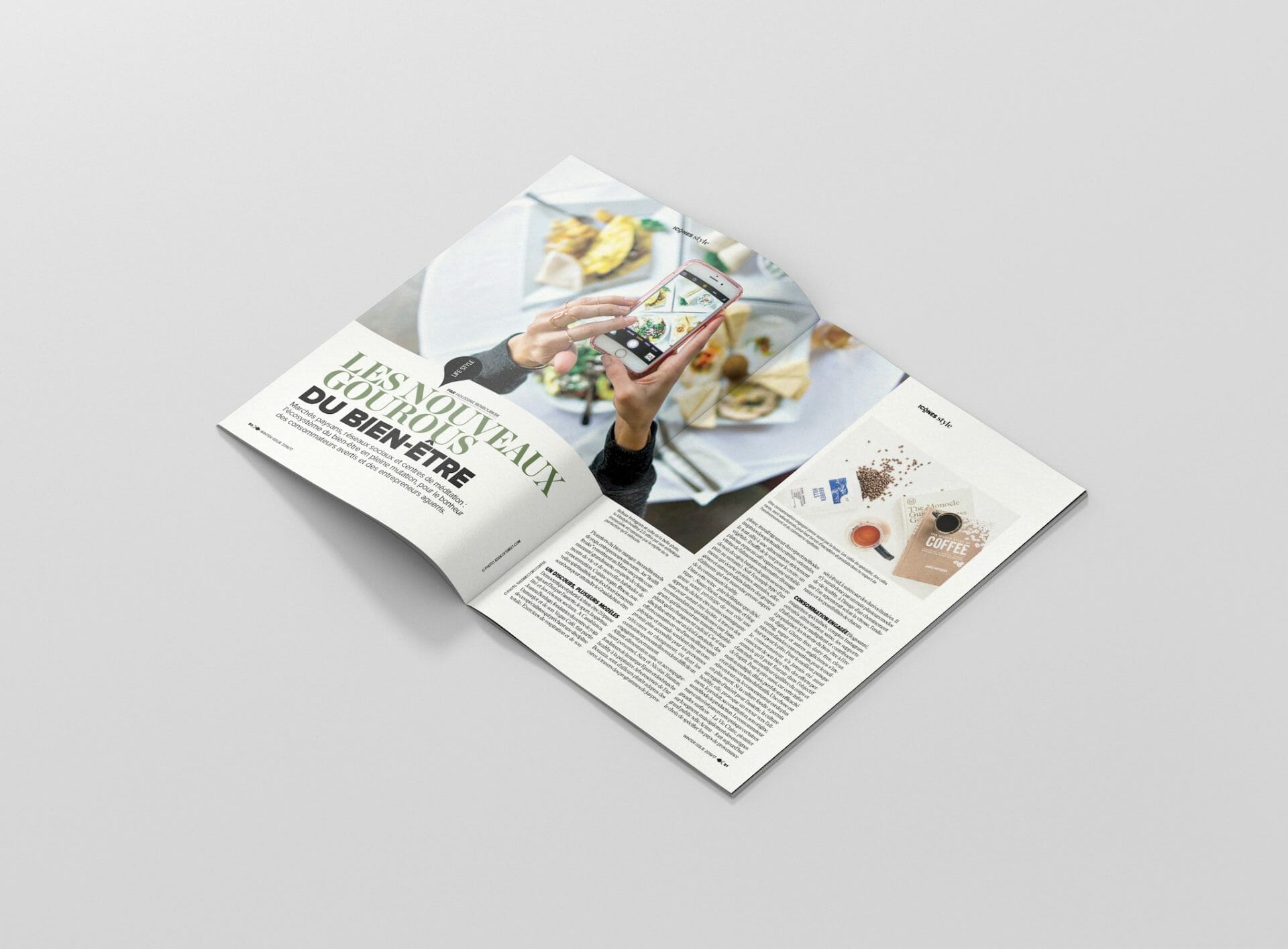 Un magazine diffusé avec une photo d'une personne en train de manger un repas.