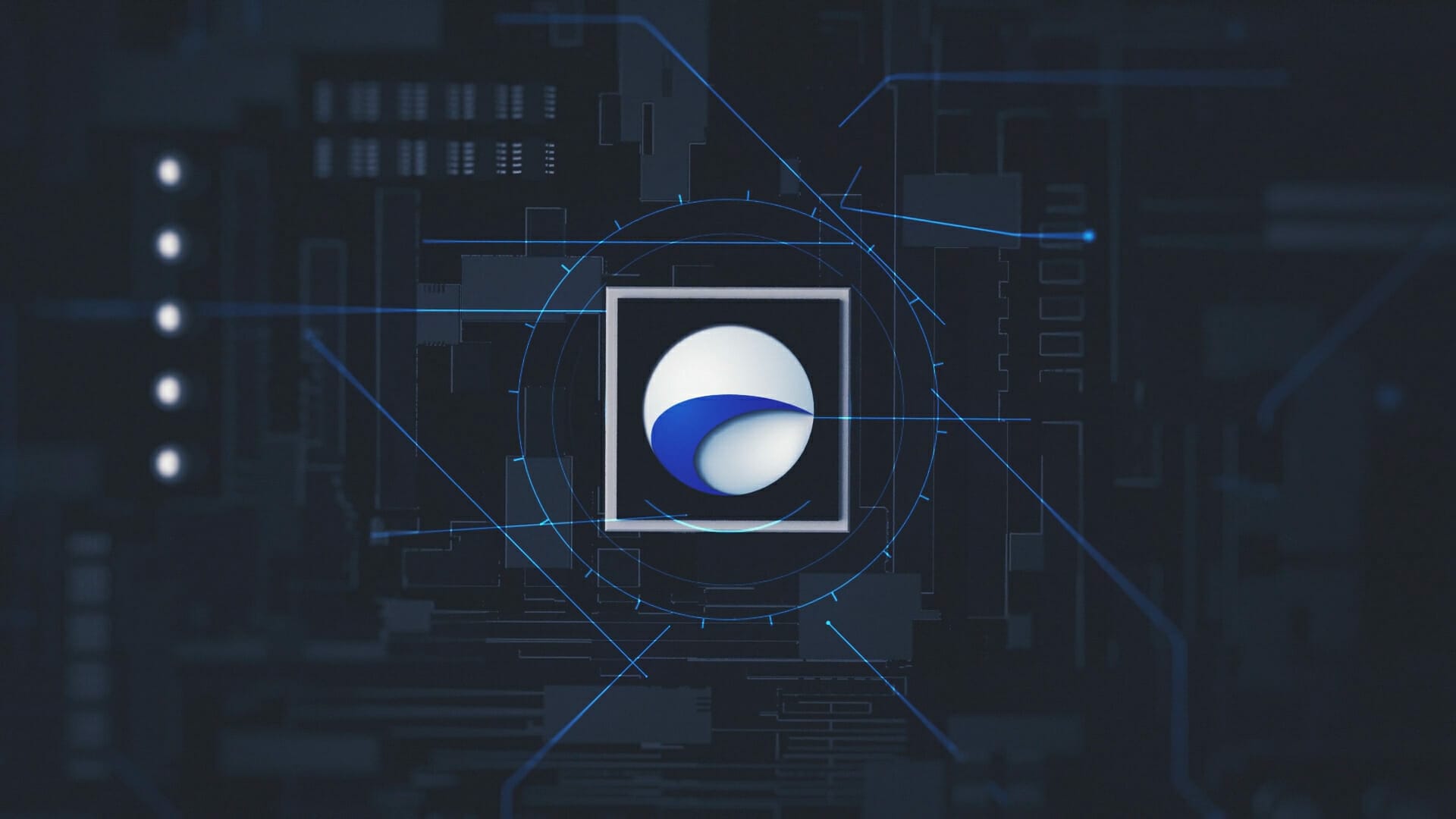 Un logo bleu avec un cercle bleu en arrière-plan.