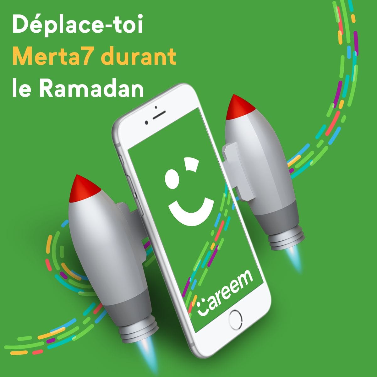 Un smartphone avec une fusée dessus et le texte 'displace toi mercat 7 ramadan'.