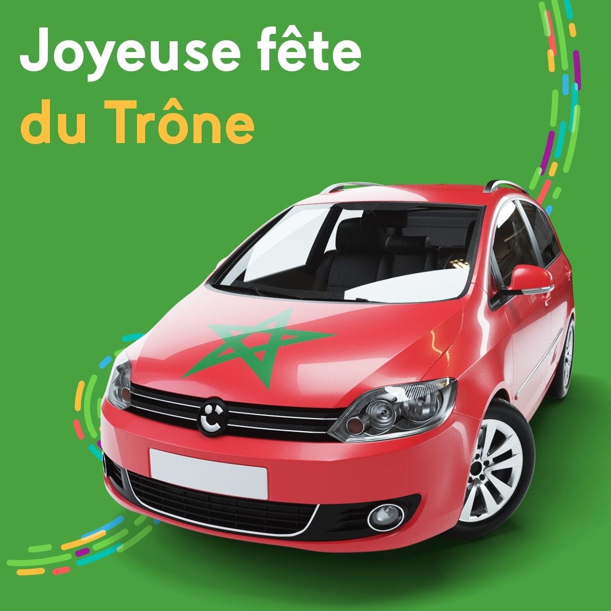 Une voiture rouge avec les mots joyeux fete du trone dessus.