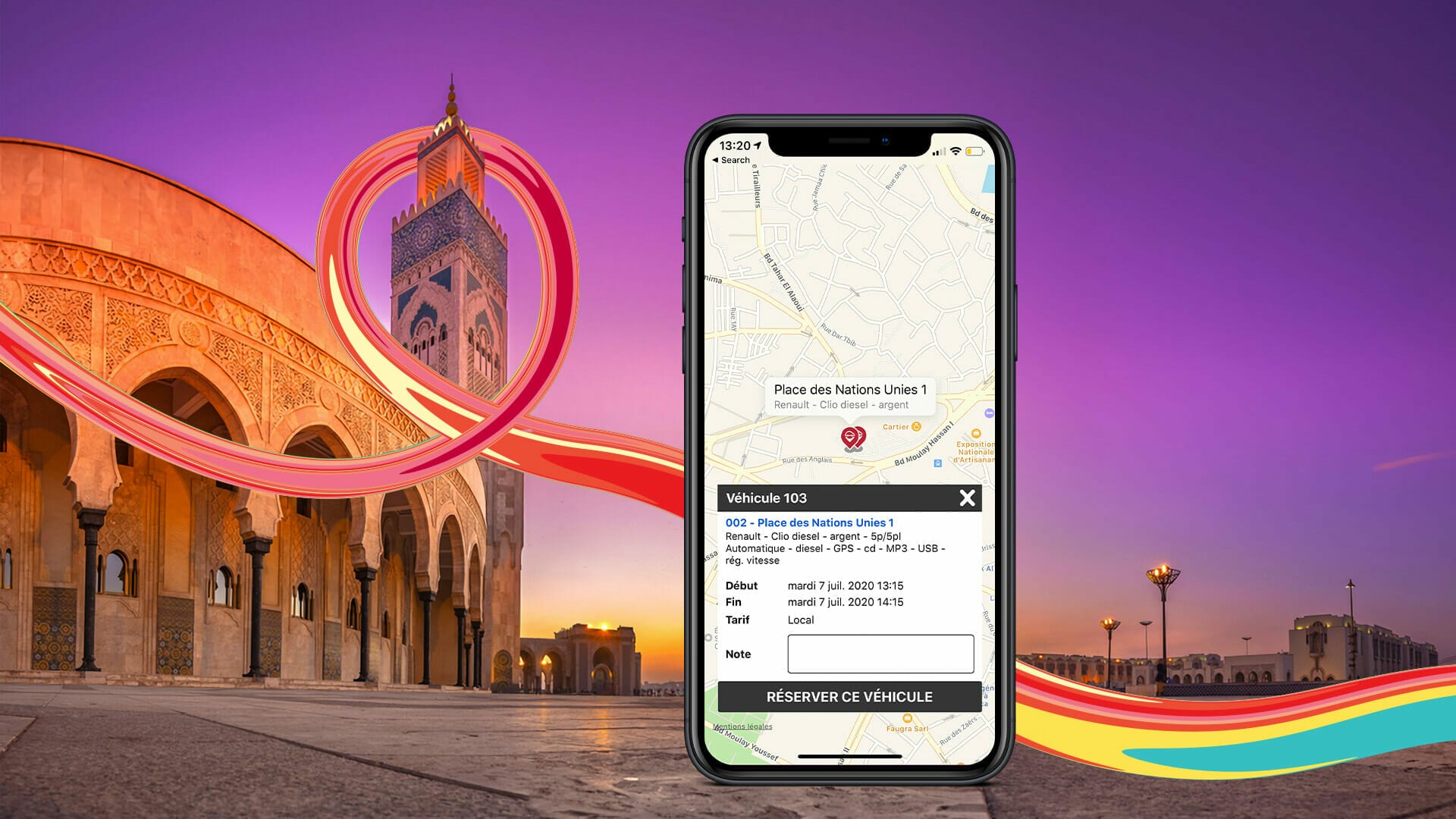 Une application mobile affichant une carte d'une ville avec un bâtiment en arrière-plan.