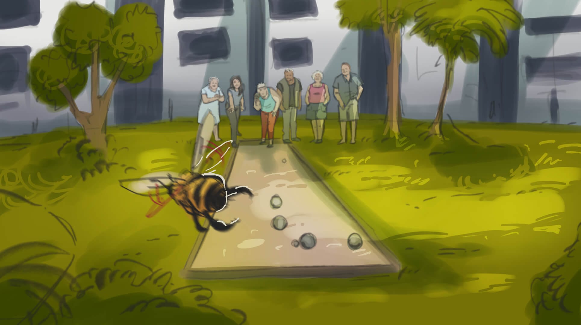 Une illustration d'un groupe de personnes jouant au croquet avec une abeille en arrière-plan.