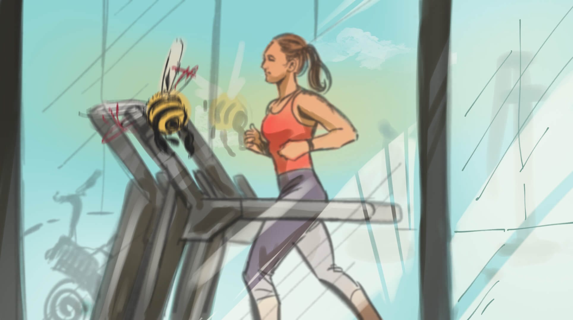 Une illustration d'une femme courant sur un tapis roulant.