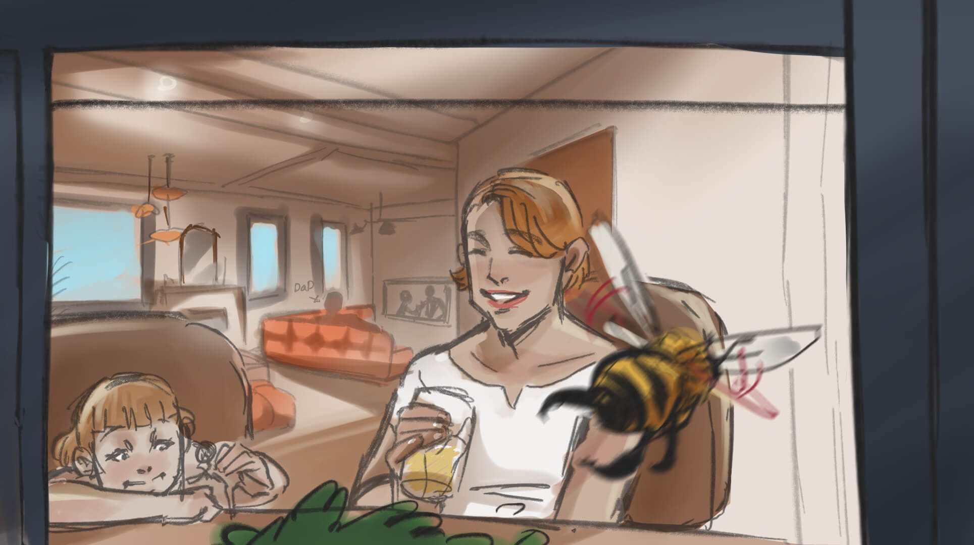 Un dessin d'une femme et d'un enfant avec une abeille dans leurs mains.