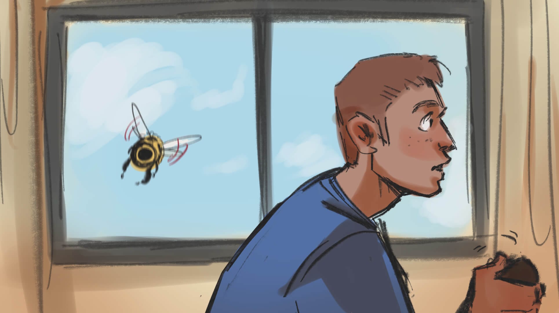 Un homme regarde par la fenêtre avec une abeille qui vole devant lui.
