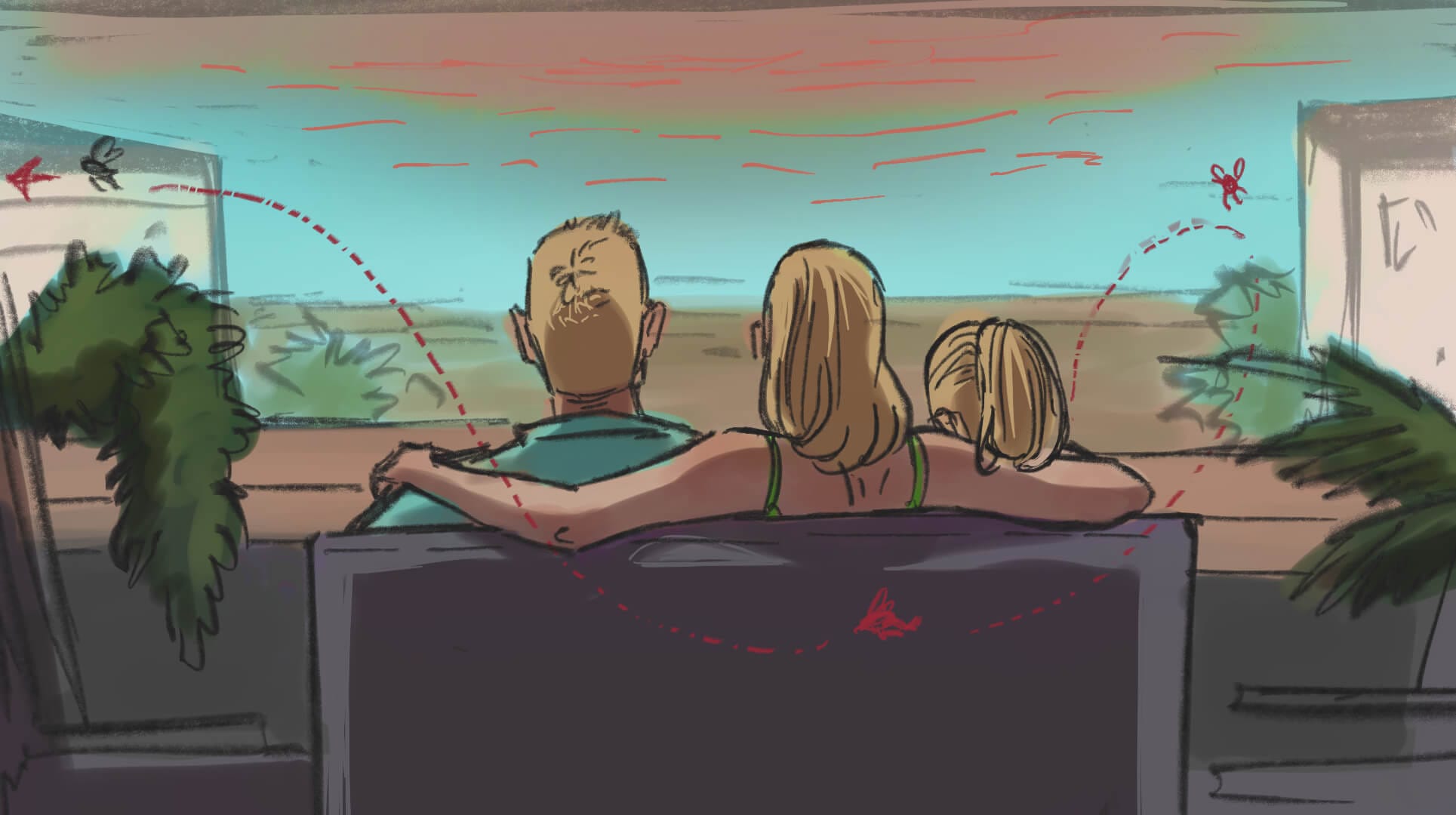 Un dessin d'une famille assise sur un canapé.