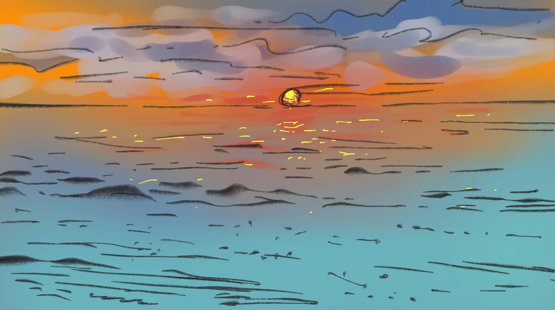 Un dessin d'un coucher de soleil sur l'océan.