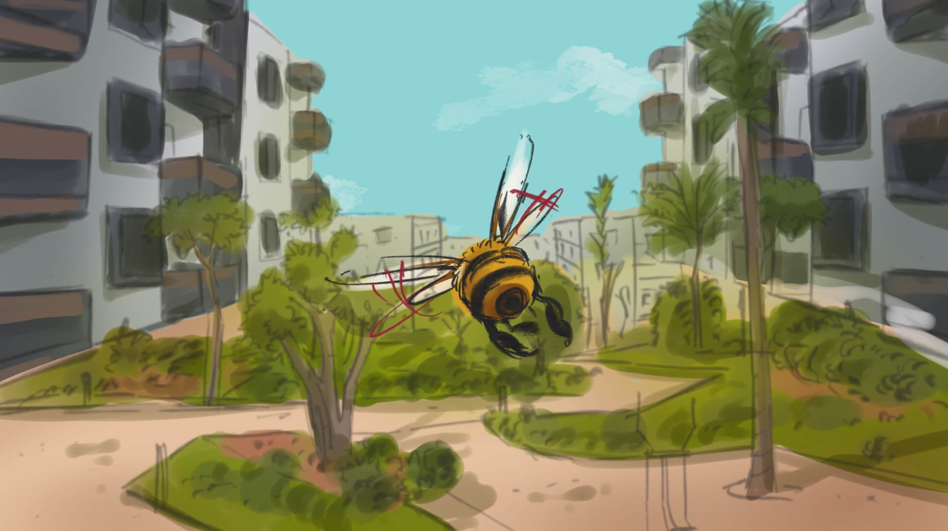 Un dessin d'une abeille volant au-dessus d'une ville.
