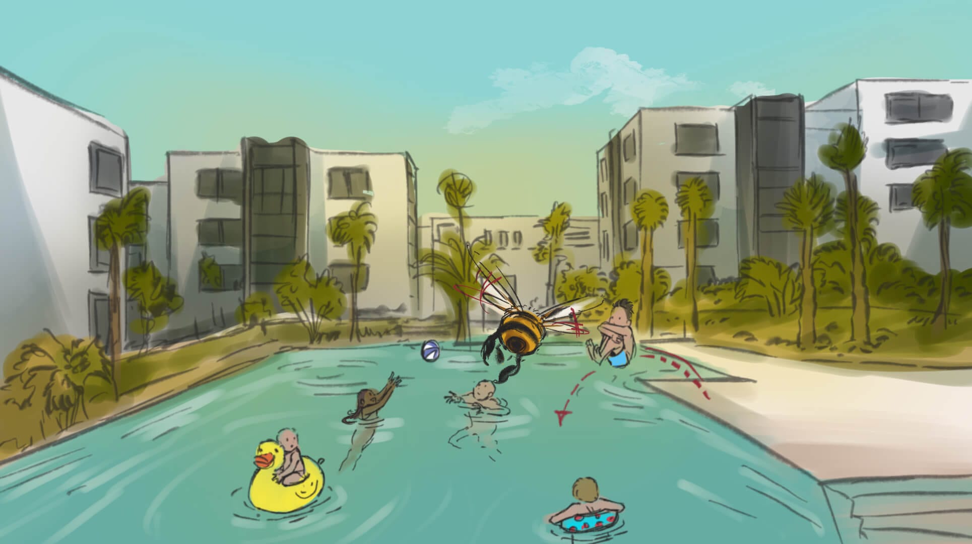 Un dessin de personnes nageant dans une piscine.
