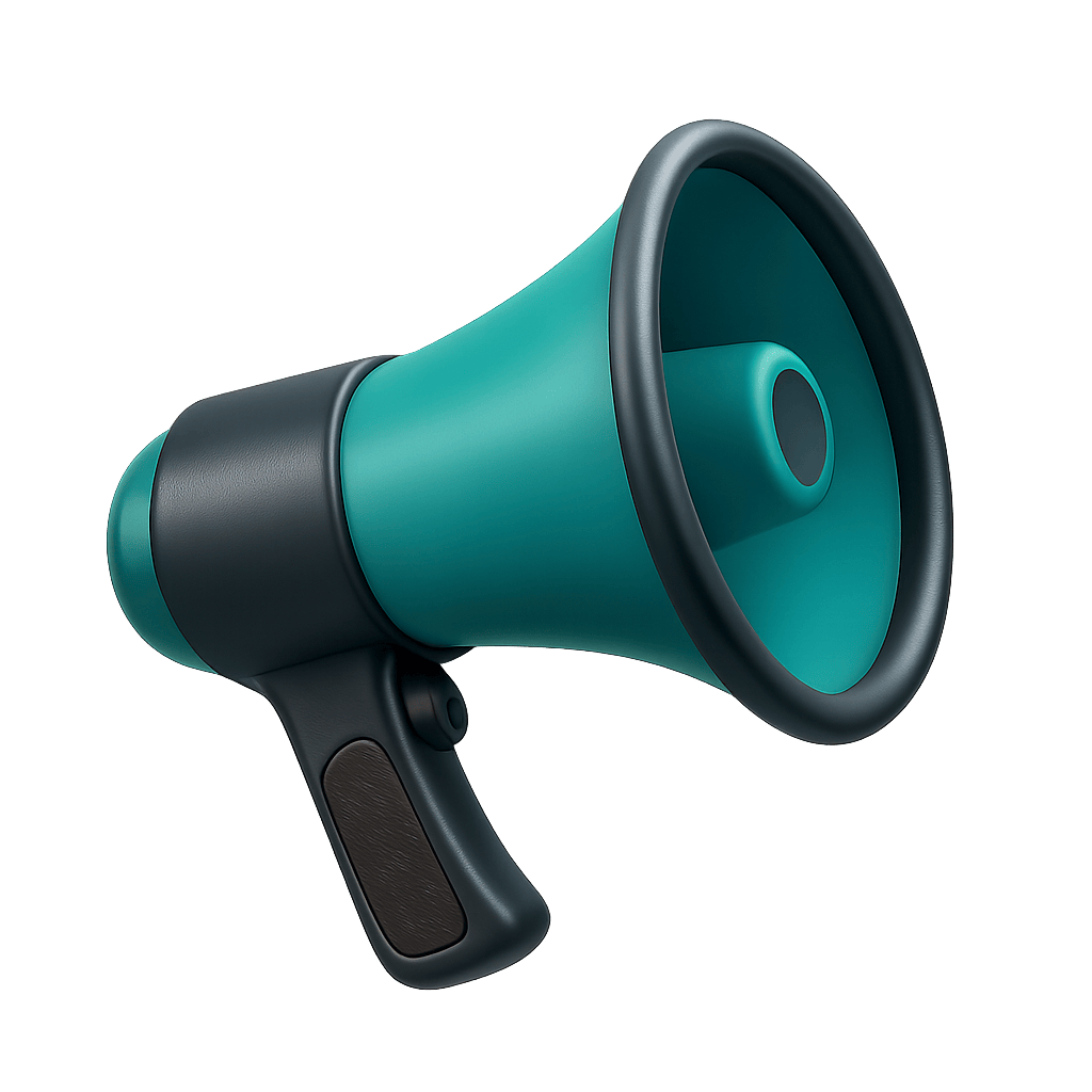 Illustration 3D d'un mégaphone sarcelle et noir sur fond transparent.