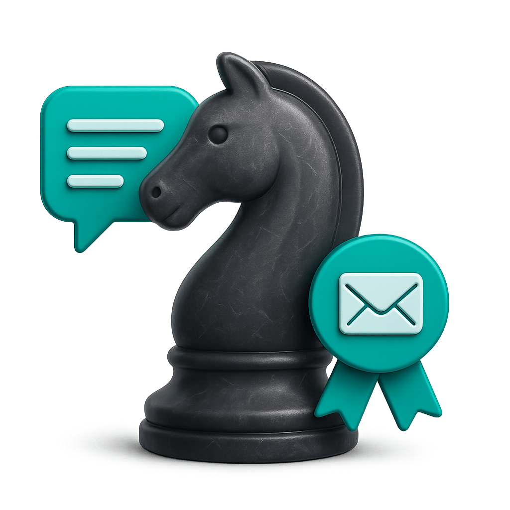 Un chevalier d'échecs noir se tient à côté d'une bulle de discours avec des lignes et d'un ruban de récompense comportant une icône d'enveloppe, le tout dans des tons sarcelle et noir.